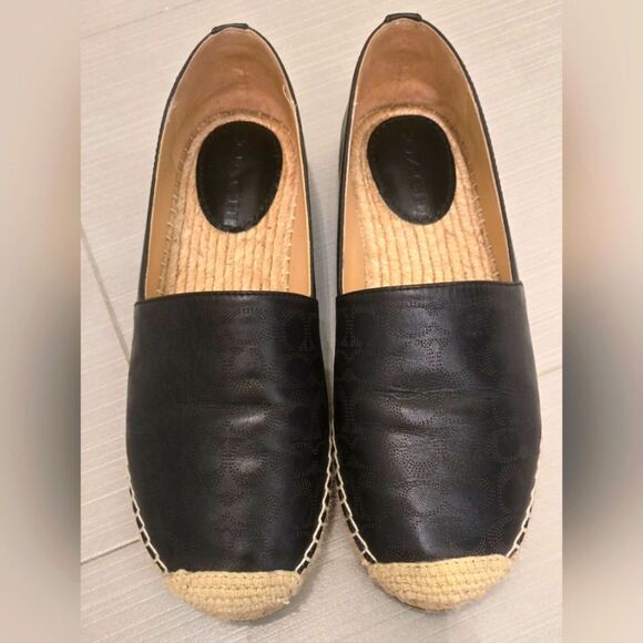 Coach Carley Black leather Espadrille Slip-On Shoes with Coach design on top. - Picture 1 of 4